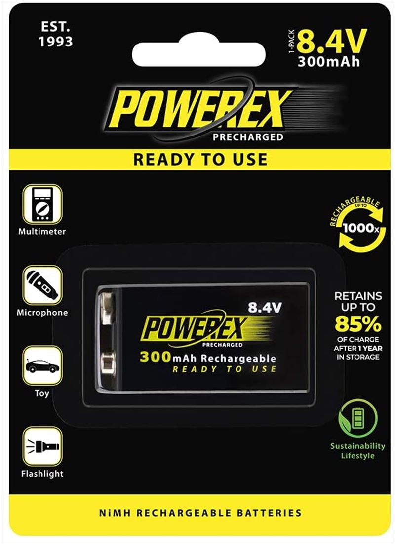 POWEREX 8.4V 300mAhニッケル水素バッテリー（大容量、充電済み）